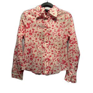 Club Monaco White Button-Down Shirt with Pink Floral Pattern–Women's Size Medium